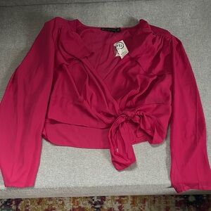 NWT Fashion to Figure Pink Tie Front Crop Blouse with Long Sleeves 2X